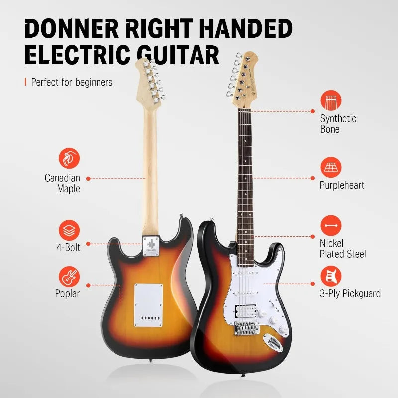 Donner DST-100S 39 Inch Full Size Electric Guitar Kit Solid Body Sunburst, Beginner Starter, with Amplifier, Bag, Capo, Strap, - Premier Select Items 