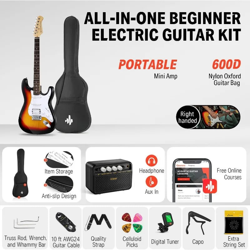 Donner DST-100S 39 Inch Full Size Electric Guitar Kit Solid Body Sunburst, Beginner Starter, with Amplifier, Bag, Capo, Strap, - Premier Select Items 