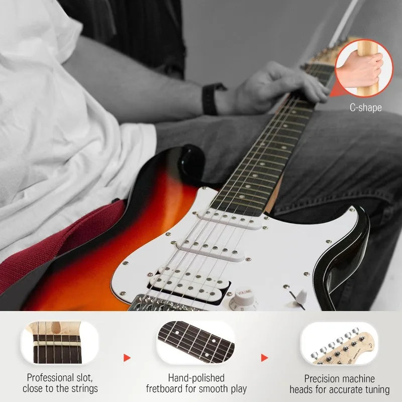 Donner DST-100S 39 Inch Full Size Electric Guitar Kit Solid Body Sunburst, Beginner Starter, with Amplifier, Bag, Capo, Strap, - Premier Select Items 